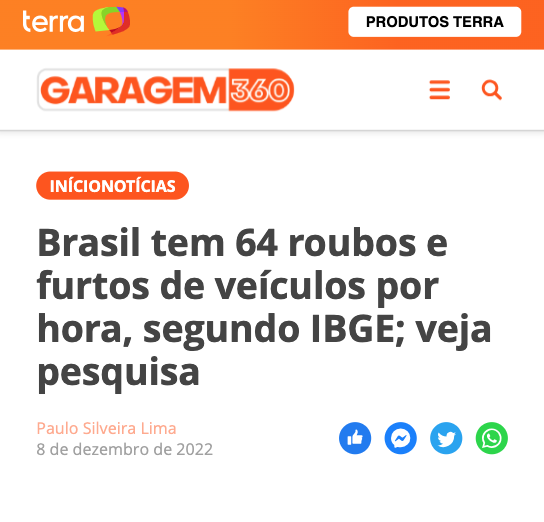 Brasil registra 64 roubos e furtos de veículos por hora em 2023, segundo pesquisa do IBGE.