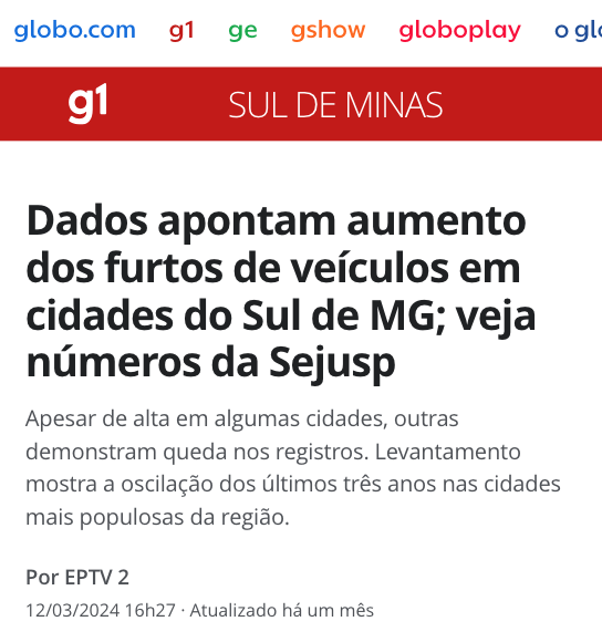 Dados destacando o aumento dos furtos de veículos em cidades do Sul de Minas e MG, conforme números da Sejusp.